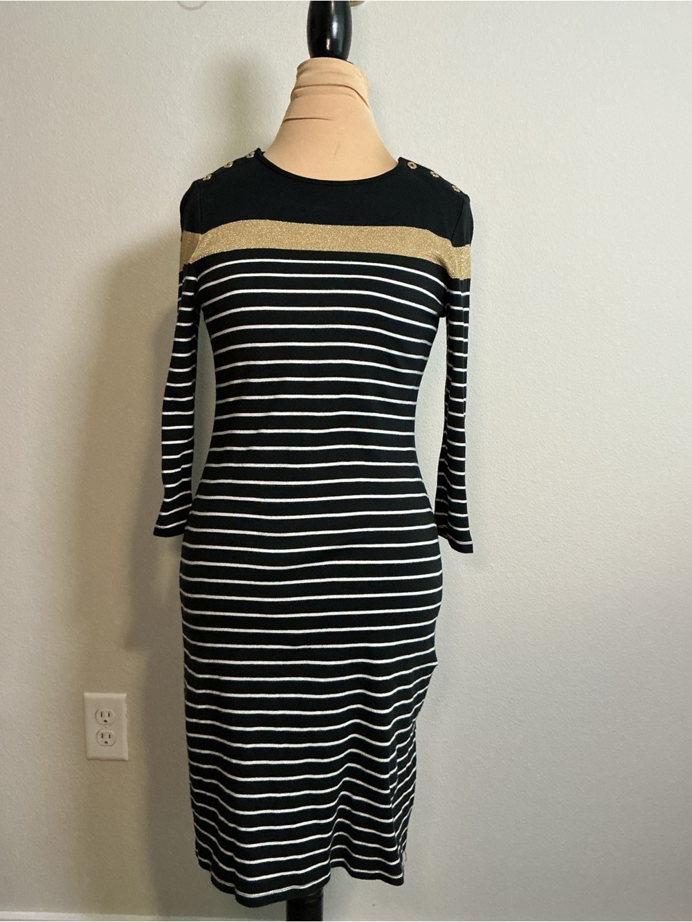 Black & White Striped Dress with Gold Accent - Womens